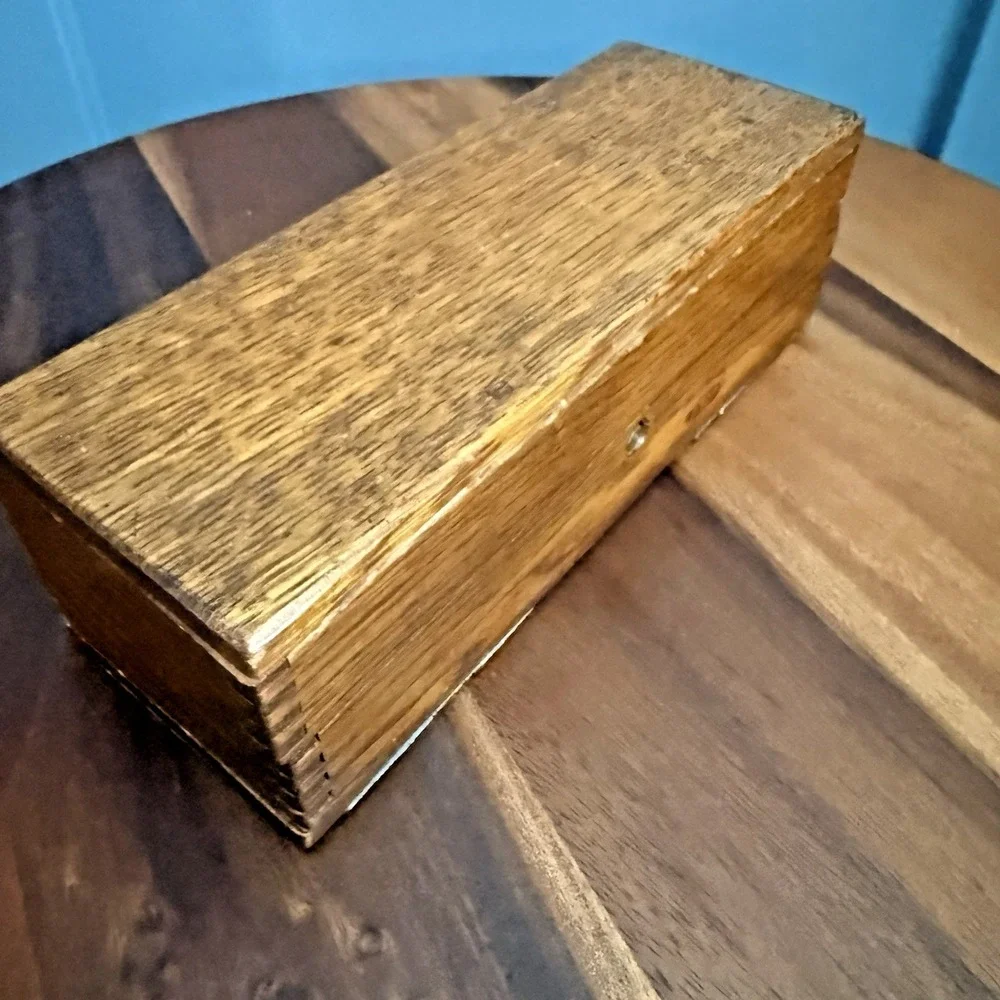 Antique Oak Sewing Notions Box Finger Joint Push Button Velvet Lined 8.5